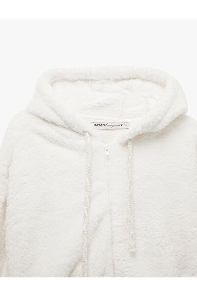 Koton Long Sleeve Crop Zip Hooded Plush Fleece Pajama Top