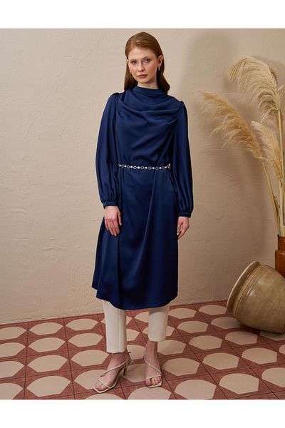 Kayra Detailed Satin Tunic - Dark Purple Chain Belt