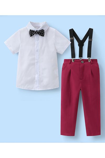 Mark & Mia Mark & Mia Shirt with Bow Tie and Pair of Pants with Suspenders Party Suit Set - White and Maroon
