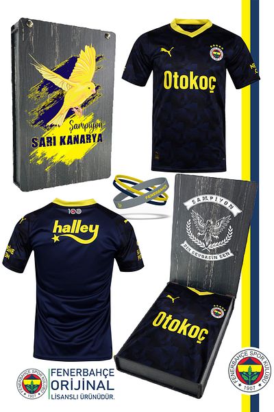 Fenerbahçe Original 23/24 Navy Blue Kids Jersey & Silicone Bracelet Set with Wooden Box