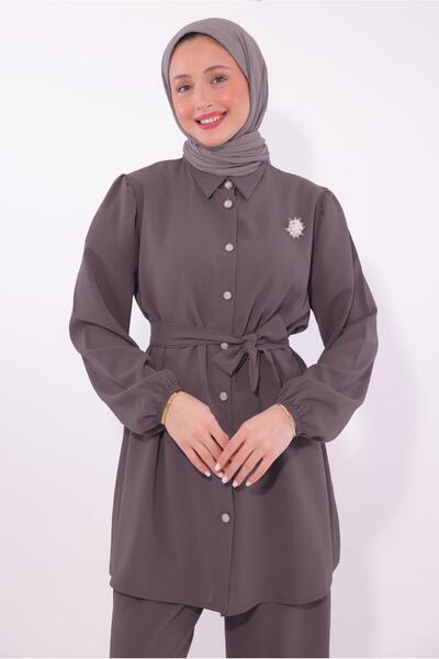 TRENDTESETTÜR KADIN Mürdüm BROŞ DETAYLI PANTOLONLU TAKIM T 8674