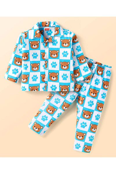 Babyhug طقم بيجامة من القطن مطبوع عليه دب من Babyhug - أزرق مائي