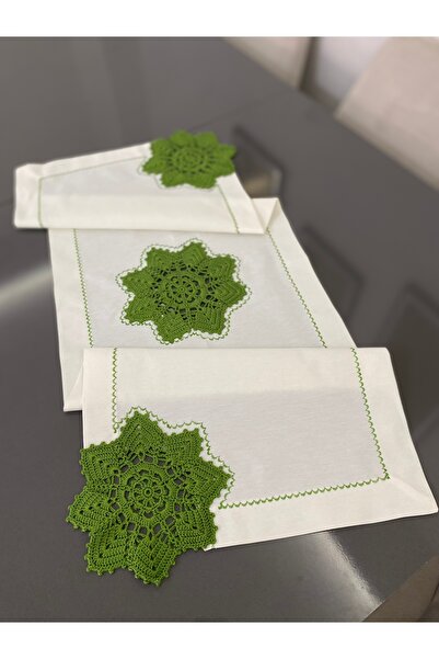 Parla Life Krem Keten Kumaş Yeşil Motifli Runner (ÖZEL ÖLÇÜ VE RENK YAPILIR/MOTİF EL ÖRGÜSÜDÜR)