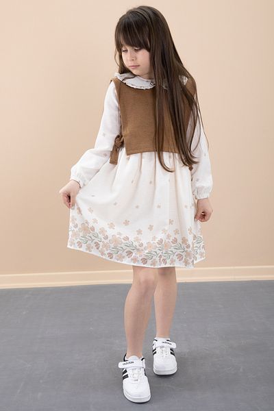 Cansın Mini Brown Floral Patterned Side Tie Sweater Girl's Dress 20487