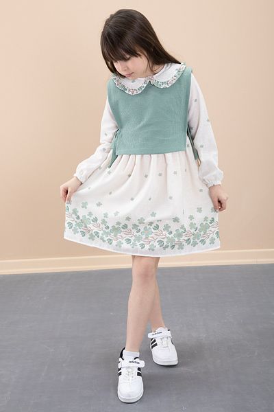 Cansın Mini Girl's Green Floral Patterned Side Tie Sweater Dress 20485