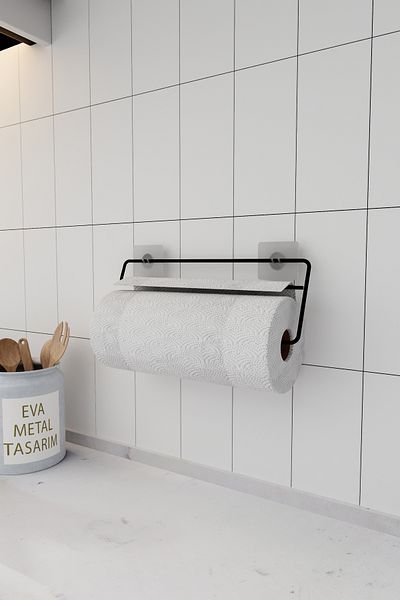 EVA METAL TASARIM Самозалепващ се държач за кухненска хартия, черен, метален, за баня, минималистичен