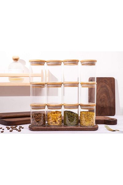 COOYA 12-Piece Food Storage Glass Jars,with Bamboo Airtight Lids Clear,Use for Home,150ml