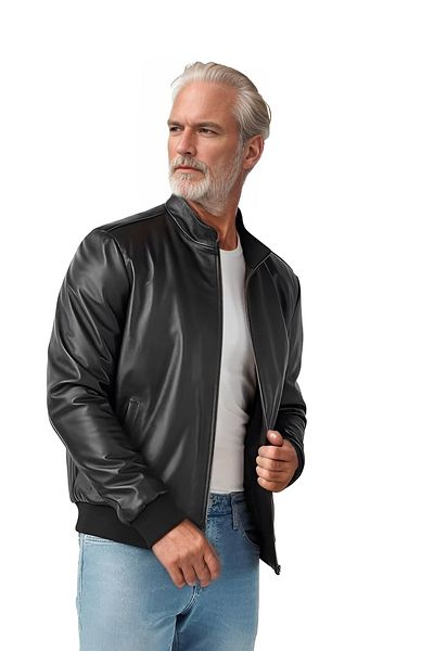 By Marki Marki Men's Genuine Leather Jacket - Black Zippered Leather Knitwear with Stitching Detail 70 cm