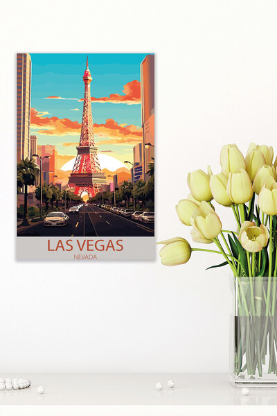 qoeuyl boutique Ζωγραφική με αφίσα από ξύλο MDF Las Vegas Retro Vintage 18x27