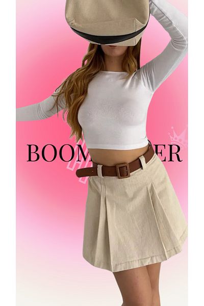 BoomBester Fusta scurtă din gabardină din bumbac premium cu centură bej