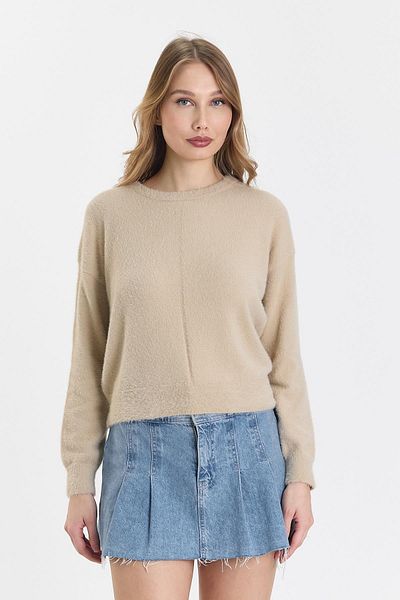 odelon Women's Crew Neck Bearded Plain Knitwear Beige