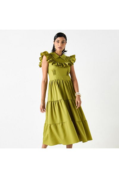 2Xtremz Tiered Midi A-line Sleeveless Dress With Collar And Ruffle Detail