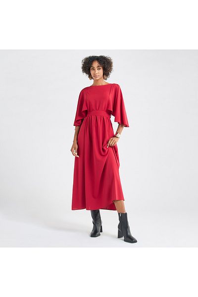 FAV Solid Midi Dress With Flutter Sleeves And Tie-up Belt