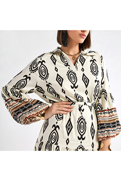 FAV Printed Midi Shirt Dress With Long Sleeves And Tie-up Belt