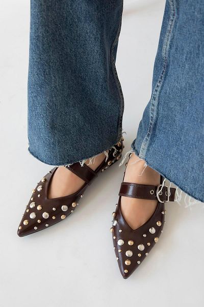 STRASWANS Aqua Women's Drop Detail Leather Ballerina Brown Shoes