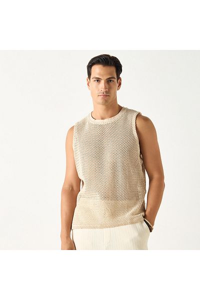 Iconic Textured Sleeveless T-shirt With Crew Neck