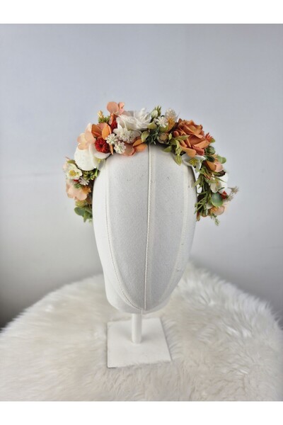 Buketlife Krem turuncu somon yeşil çiçekli gelintacı