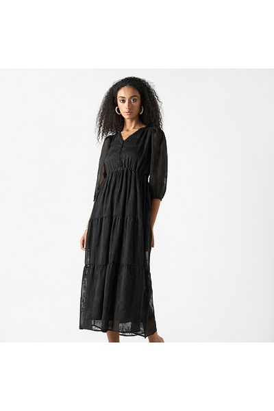2Xtremz Embroidered V-neck A-line Midi Dress With Puff Sleeves