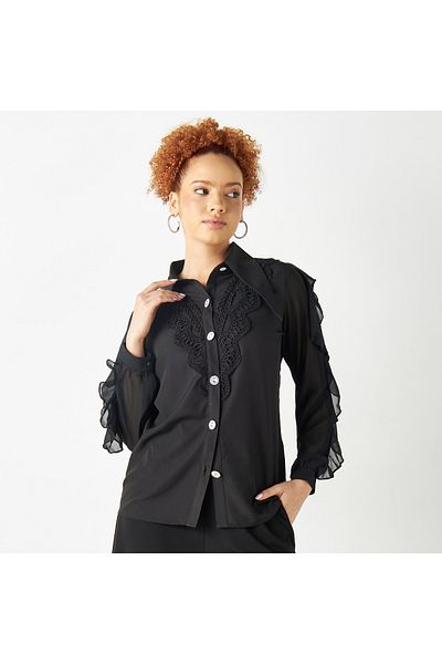 2Xtremz Lace Detail Shirt With Oversized Collar And Ruffled Sleeves