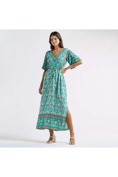FAV All-over Floral Print V-neck Dress With Tie-ups And Short Sleeves