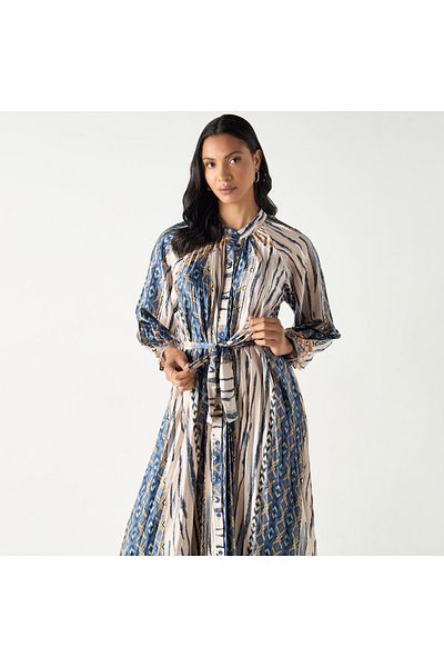 2Xtremz All-over Print Maxi A-line Dress With Mandarin Collar And Tie-ups