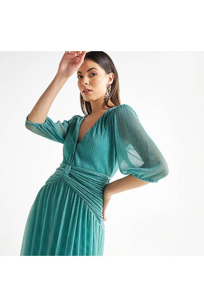 FAV Textured V-neck Maxi Dress With Zip Closure And Wrap Detail