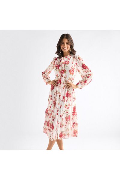 FAV Floral Print Midi Dress With Pussybow Collar And Long Sleeves