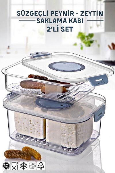 Nandy Home Set of 2 Cheese, Olive, Pickle Storage Container with Strainer