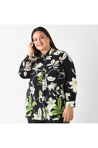 Ulla Popken Plus Size Floral Print Shirt With Button Closure