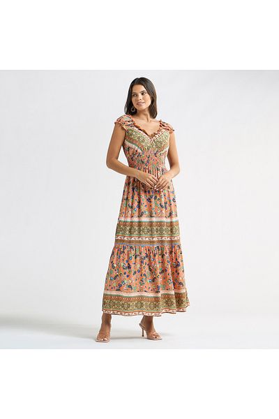 FAV All-over Print V-neck Tiered Dress With Cap Sleeves