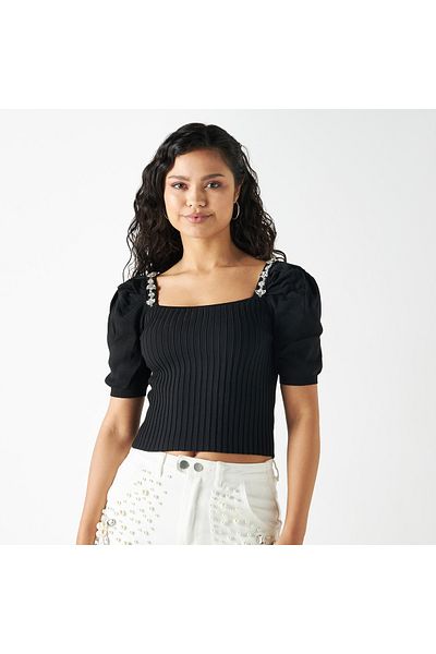 2Xtremz Button Accented Textured T-shirt With Square Neck And Puff Sleeves