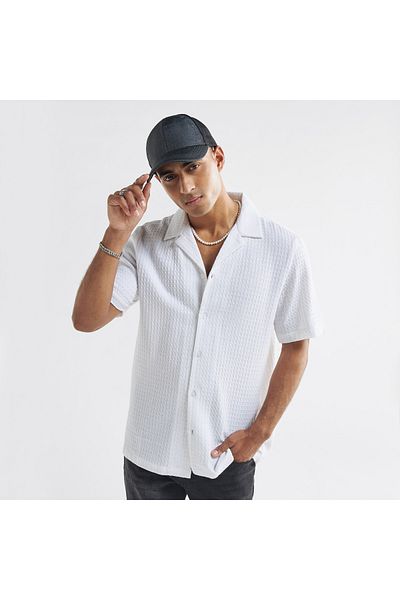 FAV Waffle Textured Shirt With Camp Collar And Short Sleeves