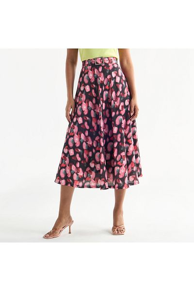 FAV All-over Print Belted Midi Skirt With Embellished Accent