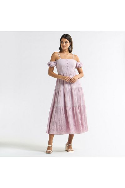 FAV Textured Midi A-line Dress With Cold Shoulder