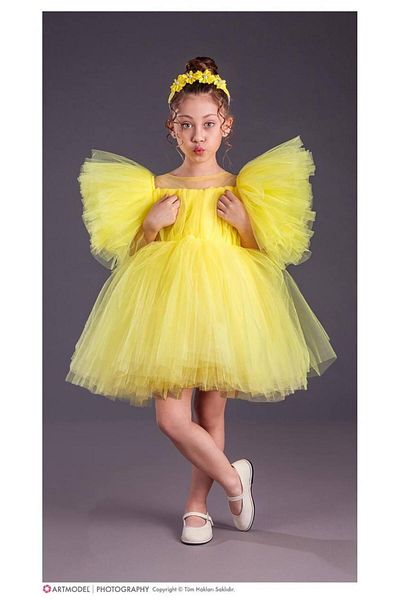 RAPAPA Girl's Tutu Skirt, Puffy Sleeves, Komotini Crown Evening Dress Yellow 1662