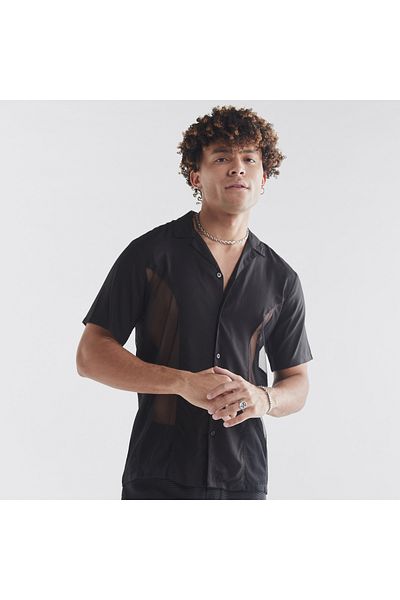 FAV Mesh Panelled Shirt With Camp Collar And Short Sleeves
