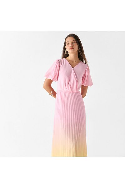 Iconic Ombre V-neck Dress With Balloon Sleeves And Pleat Detail