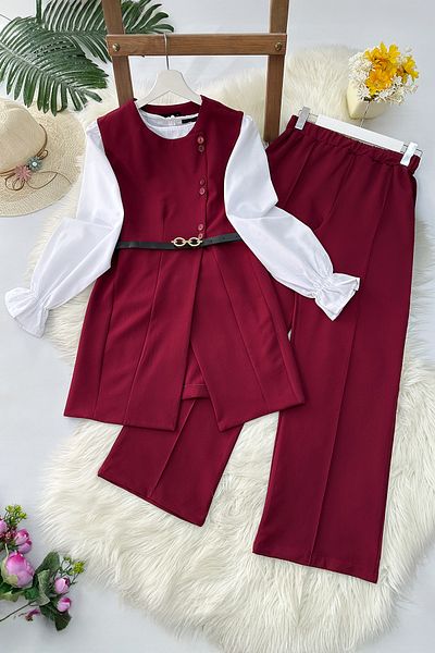 MODAQU Γιλέκο Παντελόνι Ζώνη - Claret Red