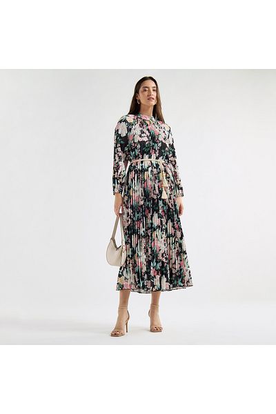 FAV Floral Print Pleated A-line Dress With High Neck And Long Sleeves