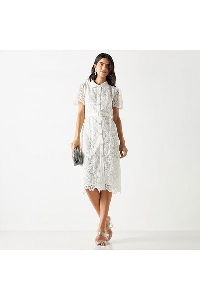 Iconic Floral Lace Textured Midi Shirt Dress With Short Sleeves