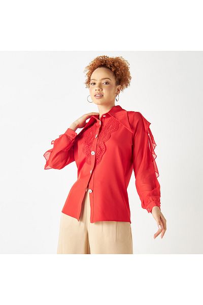 2Xtremz Lace Detail Shirt With Oversized Collar And Ruffled Sleeves