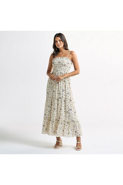 FAV All-over Floral Print Sleeveless A-line Dress With Seersucker Detail