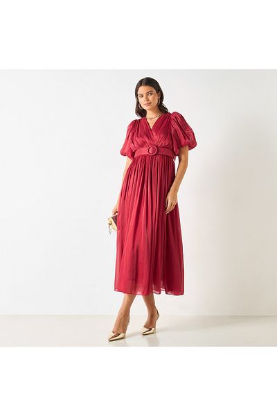 2Xtremz Textured V-neck Midi Dress With Puff Sleeves