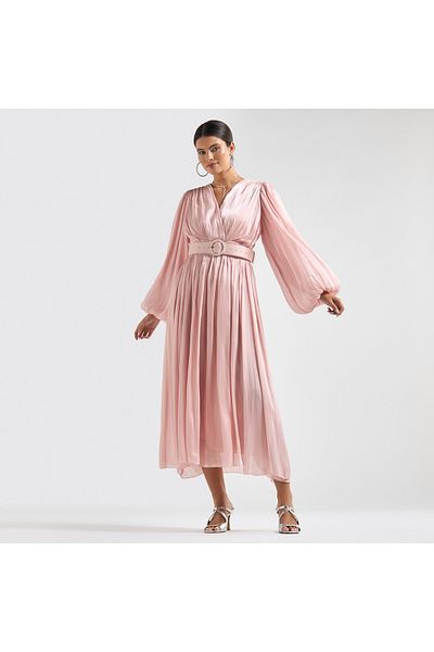 FAV Textured Belted Midi Dress With V-neck And Long Puff Sleeves