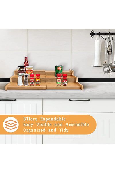 COOYA Bamboo Expandable Spice Rack Organizer,3-Tier Adjustable,Great for Kitchen Cabinet,Bathroom