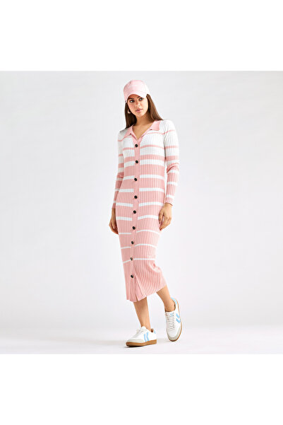 FAV Striped Collared Shirt Dress With Long Sleeves