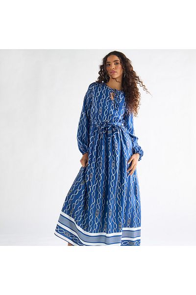 FAV Printed Midi Dress With Tie-up Neck And Long Sleeves