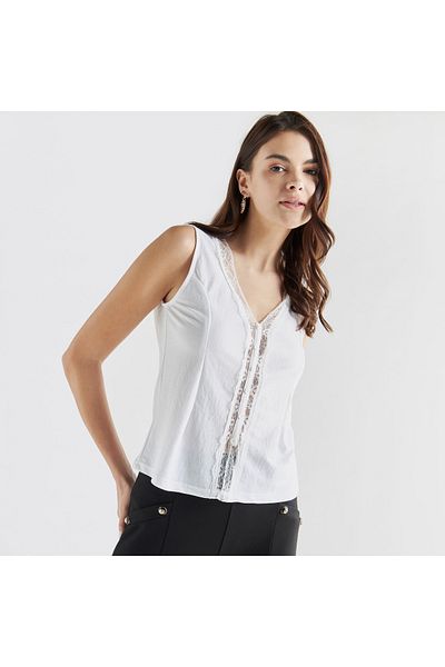 FAV Lace Insert Sleeveless Shirt With V-neck