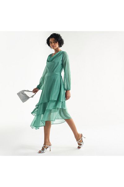 FAV Textured Layered Dress With Cowl Neck And Long Sleeves