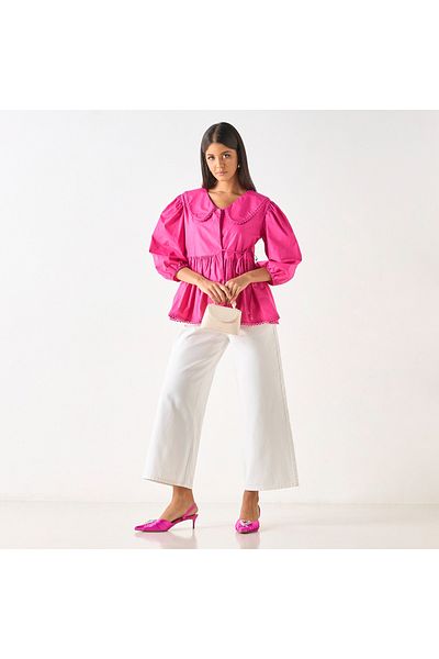 Iconic Solid Peplum Top With Peter Pan Collar And Tie-up Detail